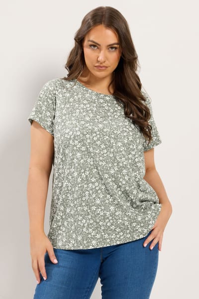 Yours Saliegroen Basic Tshirt Met Bloemenprint Size 38
