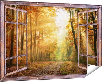 Gards Tuinposter Doorkijk Herfstbos met Zonneschijn - 150x100 cm - Tuindoek - Tuindecoratie - Wanddecoratie buiten - Tuinschilderij