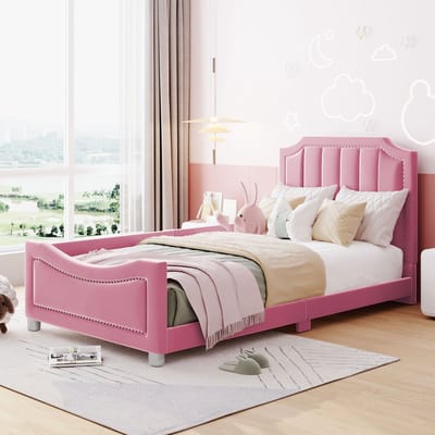 DESMIU Gestoffeerd Bed 90 x 200 cm - Kinderbed Met Rugleuning En Boogvorm - Veilige Houten Lattenbodem - Voor Kinder- En Logeerkamer - Flanel - Roze Zonder Matras