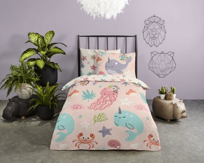 Good Morning dekbedovertrek zeepaard, narwal en andere zeedieren - 1 persoons 140x200/220 cm - Roze - 100% Katoen renforc�