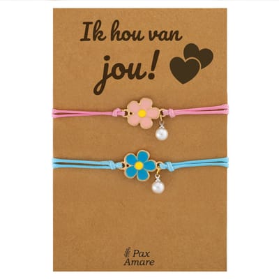 Vriendschapsarmbandjes voor 2 "Ik Hou van Jou" - Bloemetjes - Koppel Armbandjes met Lief Cadeau Kaartje - Blauw & Roze - Elastisch Verstelbaar - Pax Amare