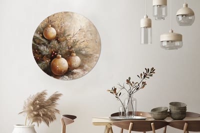WallCircle - Wandcirkel - Muurcirkel - Kerst - Kerstballen - Beige - Goud - Aluminium - Dibond - 90x90 cm - Binnen en Buiten