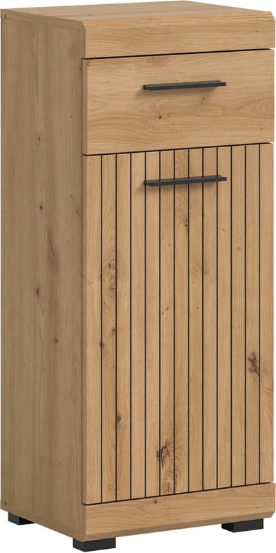 Compacte Staande Kast op Wieltjes - Zwarte Design Opbergkast met Deur en Lade - 37x88x31cm