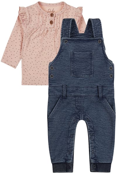 Dirkje - Basic Collection - BIO COTTON - Tuinbroek Blauw - Shirt Dusty Pink met stipje en roesjes - Maat 56