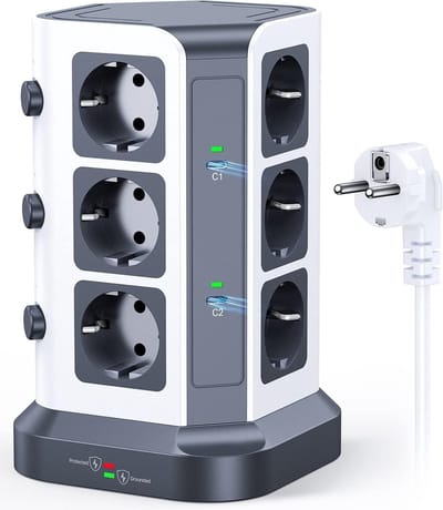 Intelectro Stekkerdoos Stekkertoren - Efficiënt Opladen, Ultieme Connectiviteit! - 4000 W - 12 Stopcontacten - 2USB C & 3 USB Poorten - 2m Snoer - 17 in 1 - Hoogwaardige Materialen - Wit/Grijs - Levering Sneller dan Aangegeven!