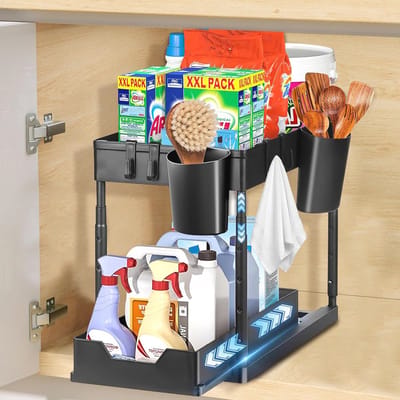 Multifunctionele Keukenspoelkastorganizer met 2 Etages en Haken - Ideaal voor Keuken en Badkamer