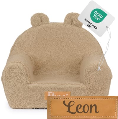 Flumi - Kinderfauteuil - Bouclé kinderstoel donkerbeige - Met oortjes - Gepersonaliseerd met naamgravure