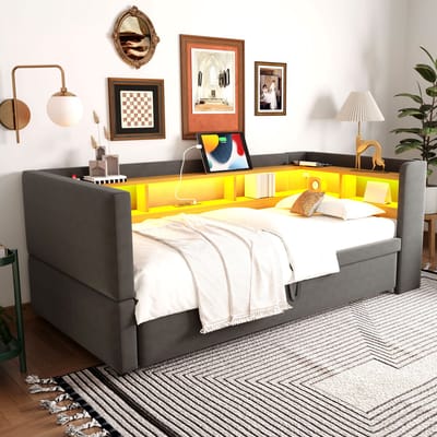 MEUNIQ slaapbank 90/180x190 cm met opbergvakken, LED-verlichting, stopcontacten en lattenbodem, uitschuifbaar bed voor woonkamer of slaapkamer, donkergrijs