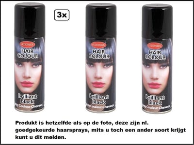 3x Haarverf/haarspray zwart 125 ml - Brilliant black - Word bezorgd in doos ivm beschadeging - Festival thema feest carnaval haar kleurspray party