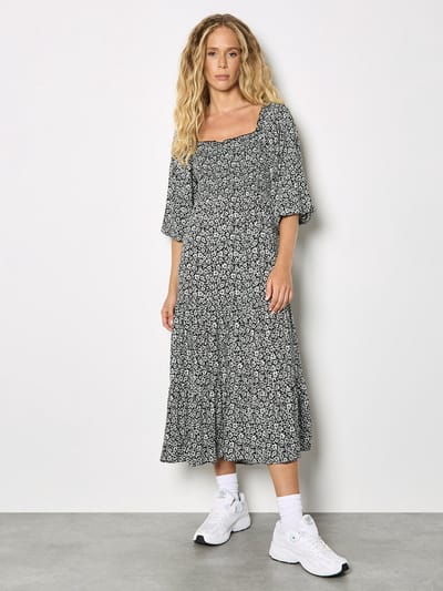 Midi-jurk met smockwerk en kleine bloemenprint