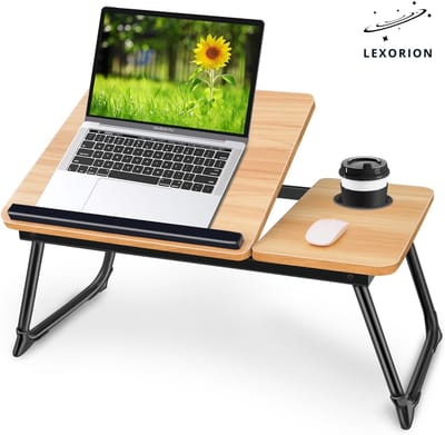 Lexorion ComfortDesk - Laptoptafel voor Bed & Bank - Verstelbaar 4-Niveaus Kantelblad - Opvouwbaar & Draagbaar - Met Bekerhouder - Walnoot