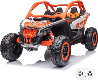 Can-Am Maverick X3 Full Option Elektrische Kinderauto 2 tot 7 jaar – Officieel Gelicentieerde 24V Buggy (2-zits) met 4x4 Aandrijving & Schokdempers – 2-Persoons met Bluetooth, 3-puntsgordels & EVA Banden – Oranje