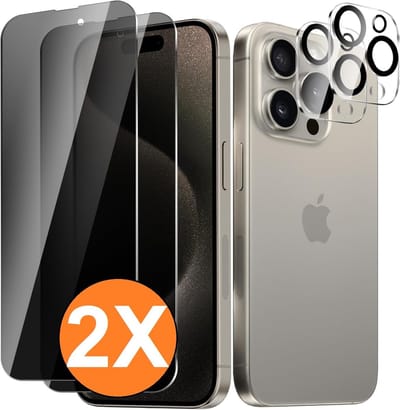 Privacy screenprotector Geschikt voor iPhone 15 Pro screenprotector Privacy Met iPhone 15 Pro camera lens - Complete bescherming voor iPhone 15 Pro scherm en camera in één set - 2X