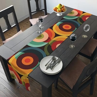 Retro Pop Art Geometrische Cirkels Tafelkleed, Artistieke Eettafel Decoratie, Creatief Huis Lang Tafelkleed Dameskleding 40x140cm