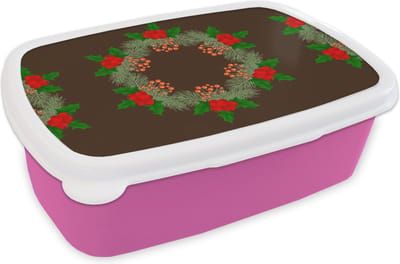 Broodtrommel Roze - Lunchbox - Brooddoos - Kerstkrans - Hulst - Patronen - 18x12x6 cm - Kinderen - Meisje