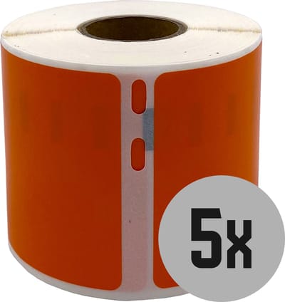 DULA Dymo kompatible Etiketten, S0722430 99014, 101 mm x 54 mm, Orange, Permanent, 5 Rollen, 220 Etiketten pro Rolle