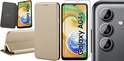 Hoesje geschikt voor Samsung Galaxy A04s / A13 5G - Screenprotector GlassGuard & Camera Lens Screen Protector - Book Case Kunstleer ThinShield Goud