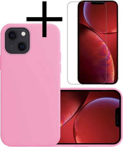 Hoesje - Met Screenprotector - Geschikt voor Apple iPhone 14 - Sterk & Shockproof - Back Cover - Siliconen Case - Telefoon Hoes - Lichtroze