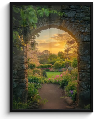 Poster in lijst - Fotolijst 50x70 cm - Posters - Poort - Planten - Zonsondergang - Posterlijst zwart - Decoratie - Wanddecoratie woonkamer - Muurdecoratie slaapkamer