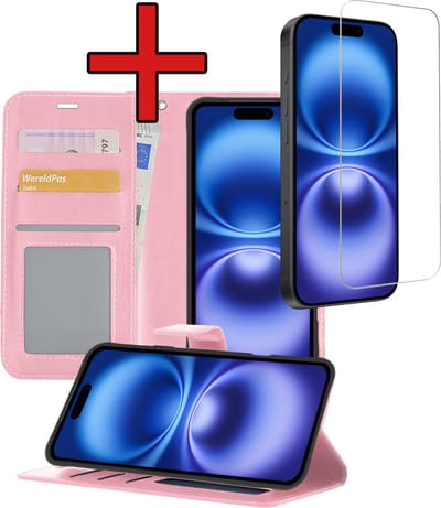 Hoesje - Met Screenprotector - Geschikt voor Apple iPhone 16 - Luxe Pasjeshouder - Flipcase - Bookcase Portemonee - Flip Case - Kunstleer Book Case - Book Cover - Walletcase - Portemonneehoes - Telefoonhoes - Lichtroze