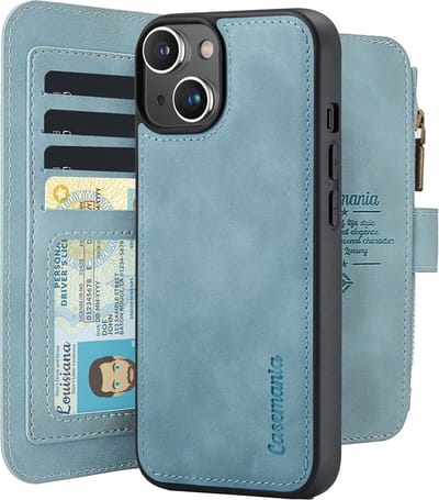 CaseMania Bookcase hoesje geschikt voor Apple iPhone 15 Plus - Effen Aqua - Kunstleer - Portemonnee met 14 Vakjes voor Pasjes en Ritsvak