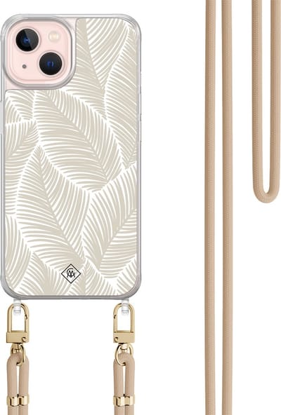 Casimoda® hoesje met beige koord - Geschikt voor iPhone 13 - Palm Leaves Beige - Afneembaar koord - TPU/acryl - Bruin/beige
