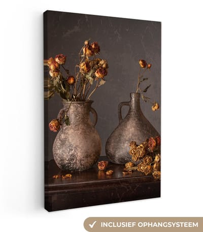 Canvas schilderij 20x30 cm - Wanddecoratie Stilleven - Bloemen - Vaas - Donker - Muurdecoratie woonkamer - Slaapkamer decoratie - Kamer accessoires - Schilderijen op canvas
