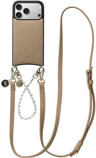 AVY Leren Hoesje geschikt voor Apple iPhone 17 Pro | Compatibel met MagSafe | Leather Back Cover met Telefoonkoord Set | Polsband & Crossbody | Beige | Leather and Pearls