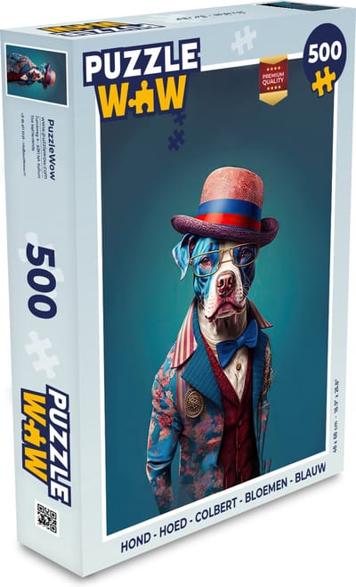 Puzzel Hond - Hoed - Colbert - Bloemen - Blauw - Legpuzzel - Puzzel 500 stukjes
