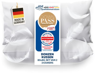 DormiGood - Premium donskussen 80 x 80 cm 100% natuurlijk Set van 2 - 3 compartimenten hoofdkussen 80x80 1080g extra zacht - Hoogwaardig inlegwerk van katoen