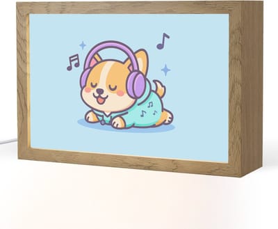 Nachtlampje 30x20 cm - Kinder lampje - Corgi - Koptelefoon - Blauw - Muzieknoten - Tafellamp kinderkamer - Slaapkamer lamp - Bedlamp kinderen - Kinderlampje stopcontact - Wandlamp babykamer - Nachtlampjes