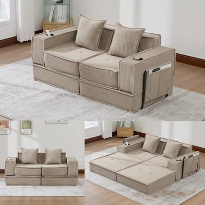 2-Zitsbank, Moderne Tweepersoons Slaapbank met een Comfortabele Stoffen Bank en twee Kussens, Een Stijlvolle, Decoratieve Voetenbank met Opbergruimte aan de Zijkant en Bekerhouders, Ideaal voor Leeshoekjes, Speelkamers, enz.-Khaki