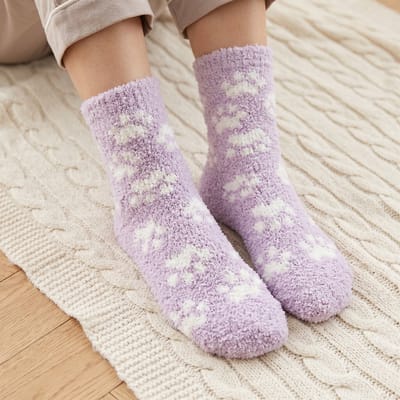 Fluffy Dames Sokken - huissokken - sleep sokken - slof sokken - paars - leuke print katenpootjes - 36 - 40 - warm - zacht - cadeau voor haar - gift - geschenk