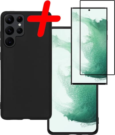 Hoesje Met Screenprotector - Geschikt voor Samsung Galaxy S22 Ultra - Sterk & Shockproof - Back Cover - Siliconen Case - Telefoon Hoes - Zwart