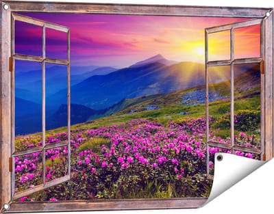 Gards Tuinposter Doorkijk Roze Rhododendron Bloemenveld - Bergen - 90x60 cm - Tuindoek - Tuindecoratie - Wanddecoratie buiten - Tuinschilderij