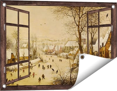 Gards Tuinposter Doorkijk Winterlandschap met Schaatsers en Vogelknip - Pieter Bruegel de Oude - 60x40 cm - Tuindoek - Tuindecoratie - Wanddecoratie buiten - Tuinschilderij