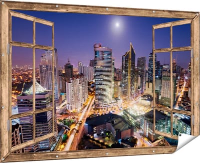 Gards Tuinposter Doorkijk Makati Stad Skyline in de Nacht in Thailand - 180x120 cm - Tuindoek - Tuindecoratie - Wanddecoratie buiten - Tuinschilderij