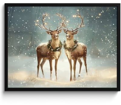 Poster in lijst - Fotolijst 80x60 cm - Posters - Kerstmagie - Winterwoud - Rendier - Posterlijst zwart - Decoratie - Wanddecoratie woonkamer - Muurdecoratie slaapkamer - Kerstversiering - Kerstdecoratie voor binnen - Kerstmis