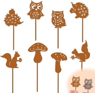 Set van 8 Tuinstekers in Roestlook - Metalen Tuindecoratie met Dieren en Paddenstoelen voor Buiten