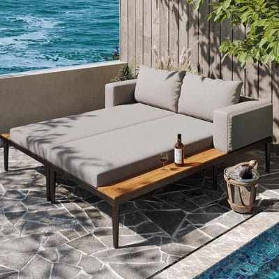 Zonneligstoel 2 Persoons met Ligfunctie en Planken 150 x 140 x 55 cm – Multifunctioneel Tuin Ligbed / Loungebank – Weerbestendige Outdoor Loungeset – Grijs – Laura