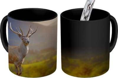 Magische Mok - Foto op Warmte Mokken - Koffiemok - Hert - Berg - Gras - Zonsondergang - Dieren - Natuur - Magic Mok - Beker - 350 ML - Theemok