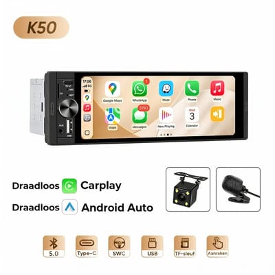 NordHaus 1-DIN Autoradio met 6,2 Inch Touchscreen - MP5 Multimediaspeler - Draadloze Apple CarPlay & Android Auto - Inclusief Microfoon en Achteruitrijcamera - Zwart