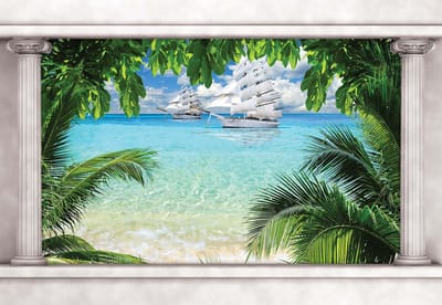 Fotobehang Beach Tropical Island Window View | XL - 208cm x 146cm | 130g/m2 Vlies