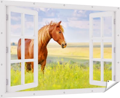 Gards Tuinposter Doorkijk Bruin Paard in de Wei - 180x120 cm - Tuindoek - Tuindecoratie - Wanddecoratie buiten - Tuinschilderij