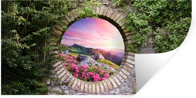 Muurstickers - Sticker Folie - Landschap - Bloemen - Doorkijk - Berg - 40x20 cm - Plakfolie - Muurstickers Kinderkamer - Zelfklevend Behang - Zelfklevend behangpapier - Stickerfolie