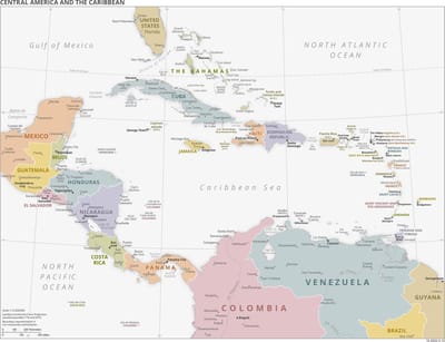 Poster Kaart Centraal Amerika & Caraïben - Mexico, Cuba & Colombia - Large 50x70 - Schoolplaat