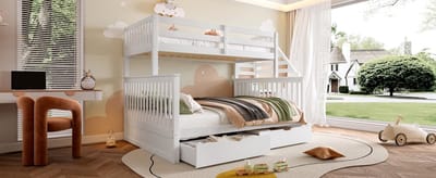 Kinder Stapelbed - Hoogslaper Met Opbergladen En Trap - 90x200 En 140x200 - Wit
