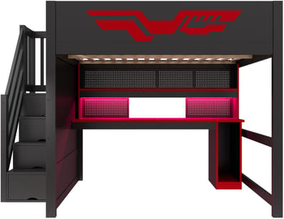 Gaming hoogslaper 140x200 - Hoogslaper met bureau - Multifunctioneel bed - Met opbergruimte - 140x200 cm - LED en USB - Slaapkamer Zwart/Rood
