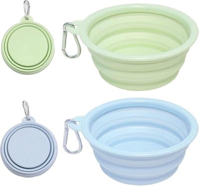 Set van 2 Vouwbare Siliconen Hondenbakken met Karabijnhaak - Lichtgewicht Reisbowl, Ideaal voor Wandelen en Kamperen, 650ml Capaciteit