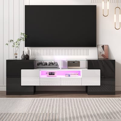 MODFU - Tv-Meubel - 6 Deuren En 2 Lades - Met Ledverlichting - Modern - Voor De Woonkamer - Wit - 145 X 30 X 51 Cm